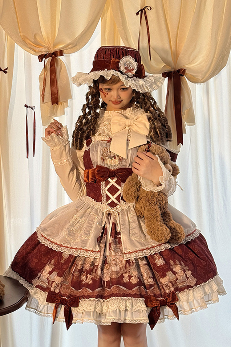Castle Bear Sleeveless Print Ruffle Bowknot Lace Sweet Lolita Jsk Dress 4 Colors