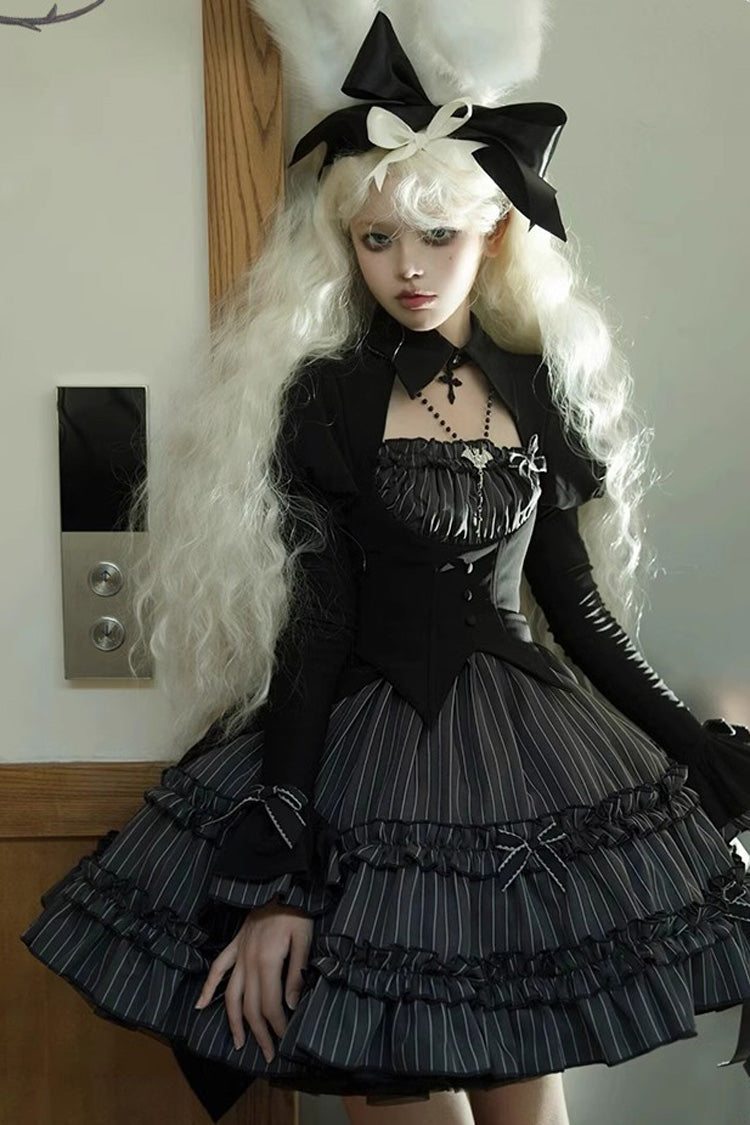 Black Duke of the Trap Rabbit Long Sleeves Stripe Print Ruffle Bowknot Lace Gothic Lolita Dress