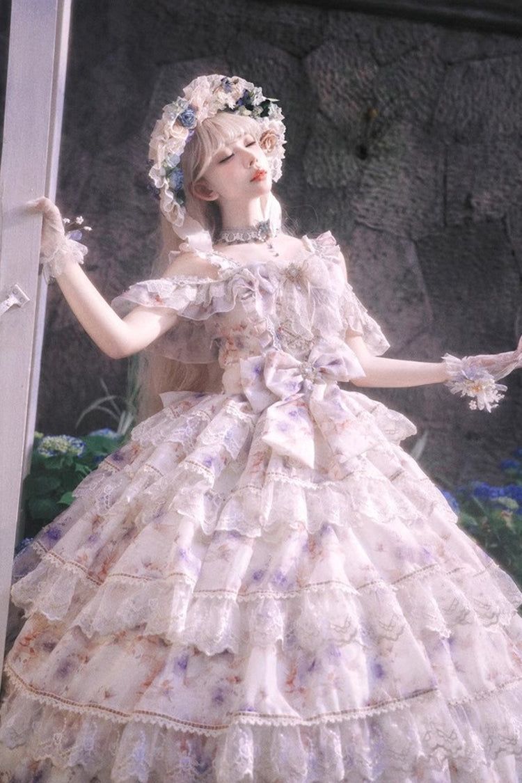 Blue Rose Letter Off Shoulder Triple-Layered Print Ruffle Hanayome Sweet Princess Lolita Dress