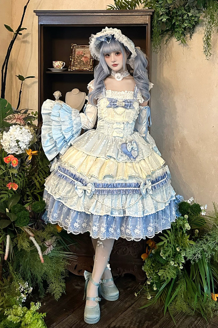 Blue Falling Sakura Multi-Layered Ruffled Hanayome Bow Lace Sweet Plus Size Princess Lolita Jsk Dress