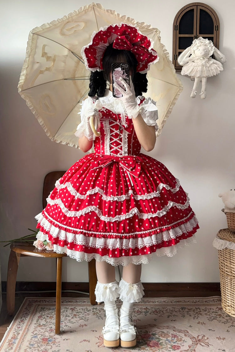 Red Polka Dots Print Ruffle Bowknot Lace-Up Sweet Lolita Dress