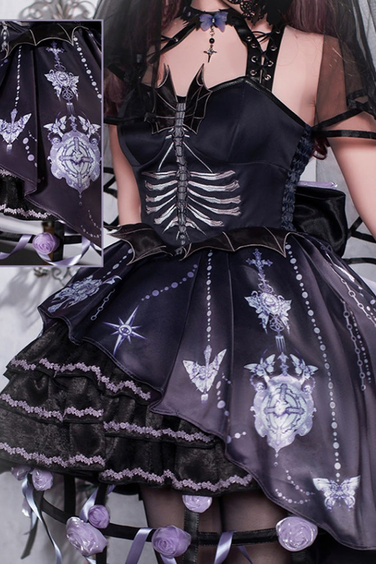Black Feast of Bones Halterneck Multi-Layered Print Ruffle Lace Gothic Elegant Lolita Jsk Dress