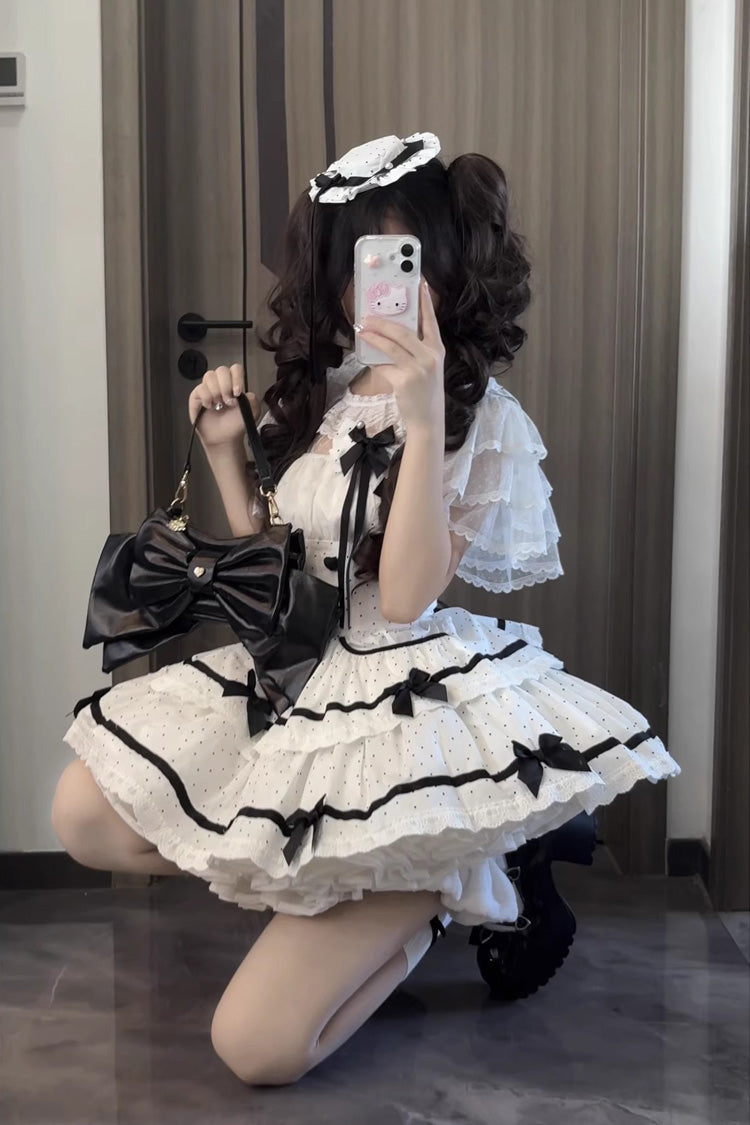 White Pure Cotton Sleeveless Double-Layered Polka Dot Print Ruffle Bowknot Daily Sweet Lolita Jsk Dress