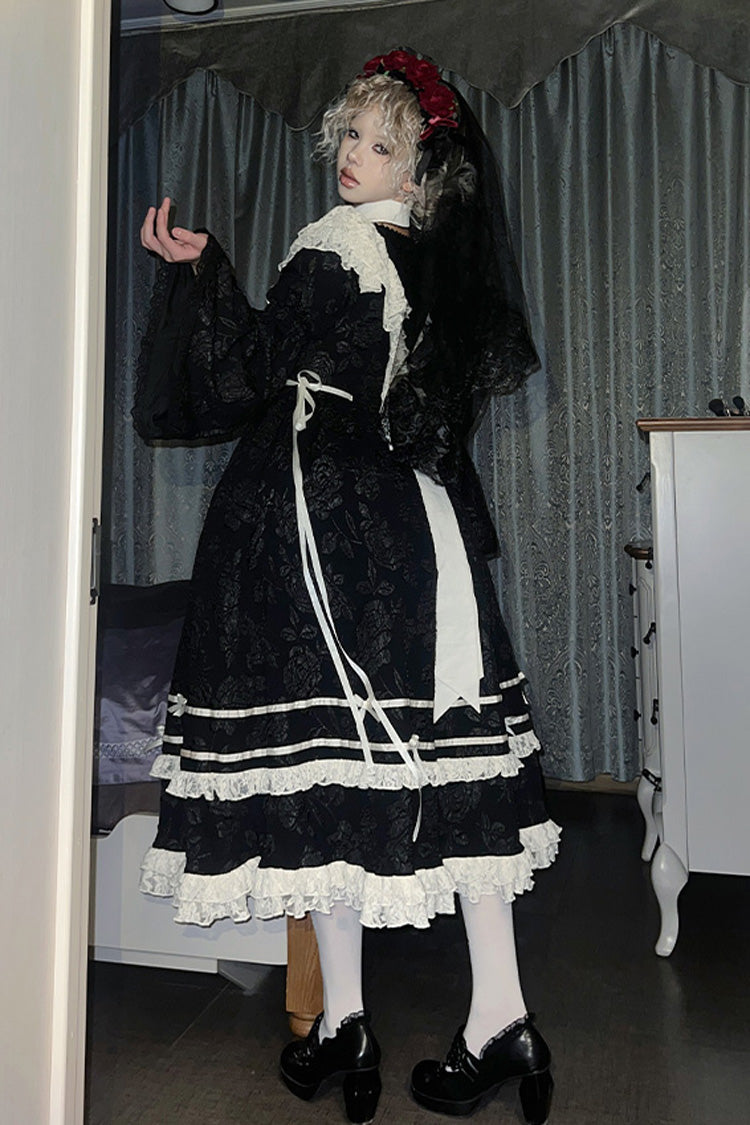 Black Rose Choir Double-Layered Ruffle Embroidery Bowknot Lace Gothic Elegant Nun Lolita Dress