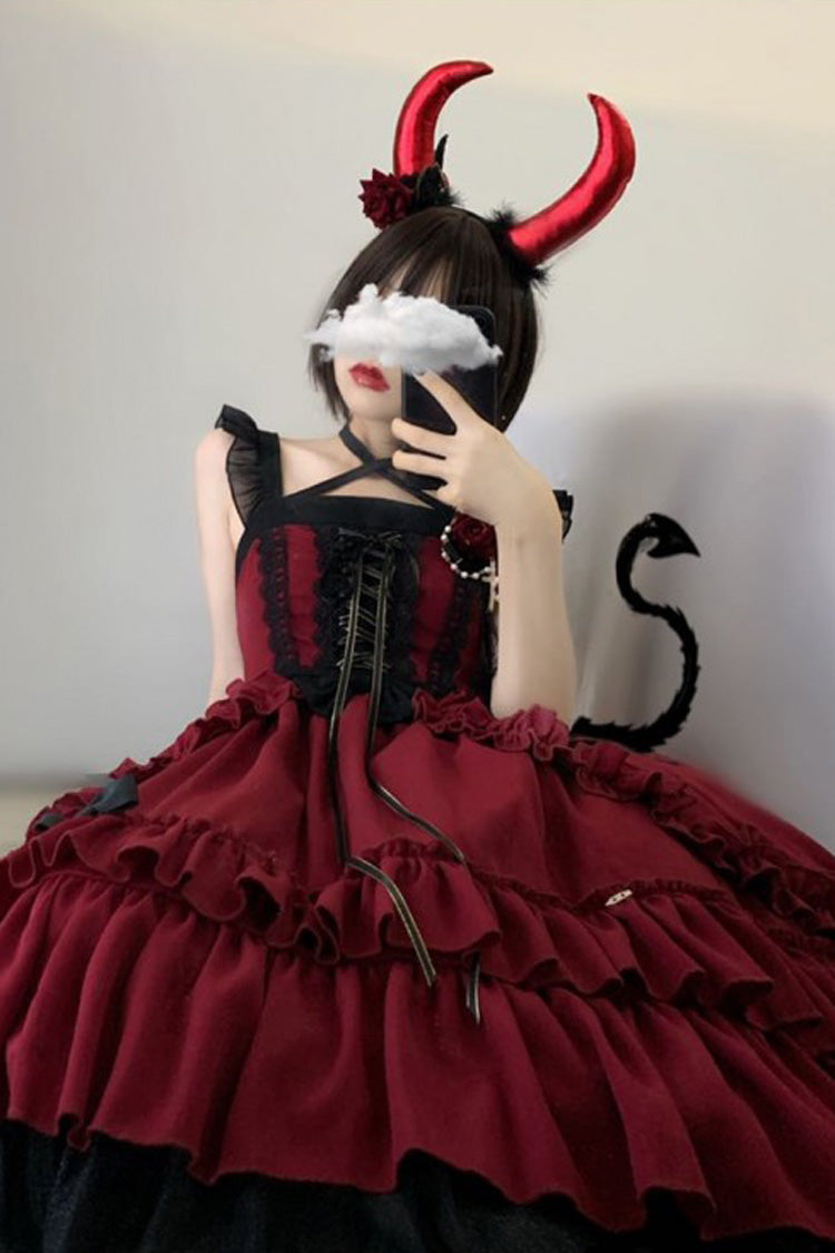 Red Seven Deadly Sins - Wrath Double-Layered Ruffle Stitching Lace Gothic Lolita Jsk Dress