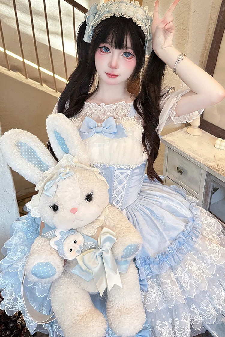 Blue Dance of Time Sleeveless Triple-Layered Ruffle Bowknot Lace Lace-Up Sweet Ballet Lolita Jsk Dress