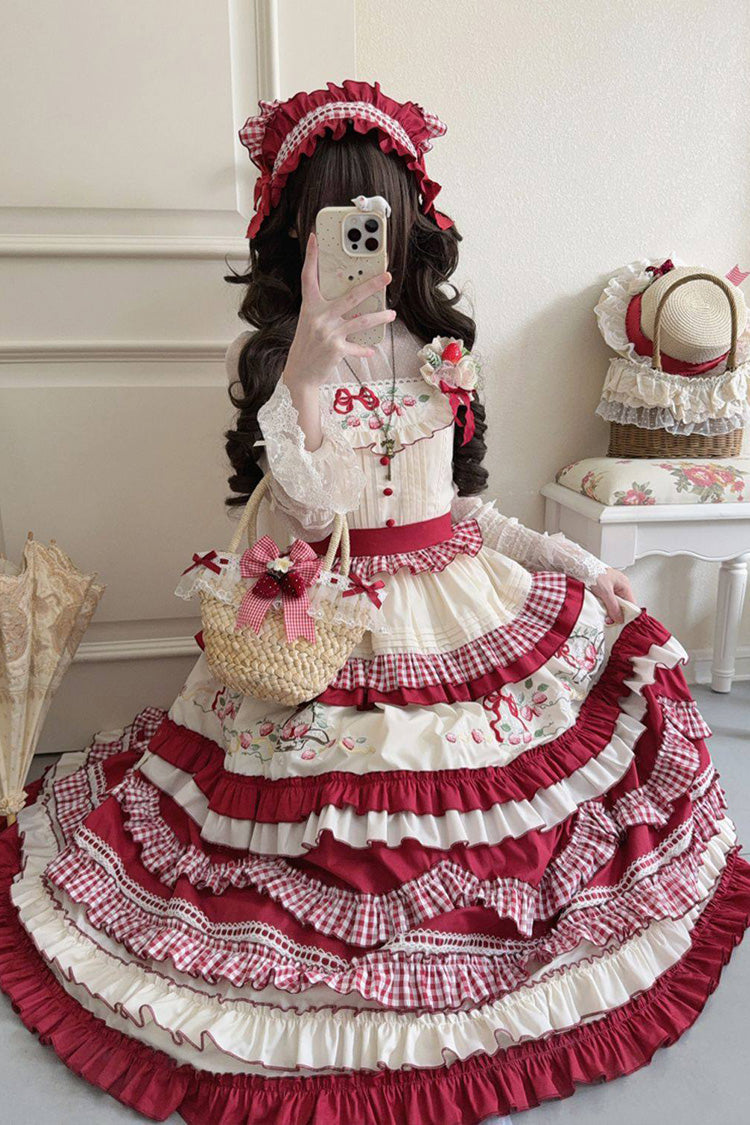 Red Strawberry Basket Square Collar Multi-Layered Printed Ruffled Embroidered Bow Sweet Lolita Jsk Dress