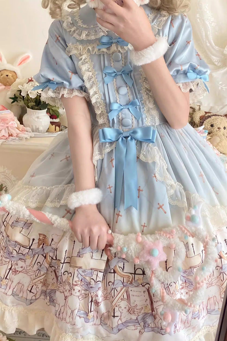 Blue Angel Lamb Lapel Collar Short Sleeves Printed Ruffled Bow Sweet Lolita Dress