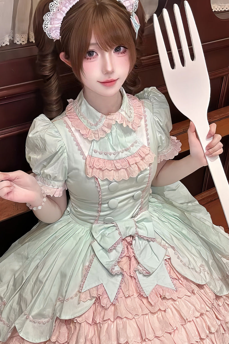 Pink/Green Honeydew Melon Parfait Short Sleeves Multi-Layered Ruffle Bowknot Sweet Lolita Dress