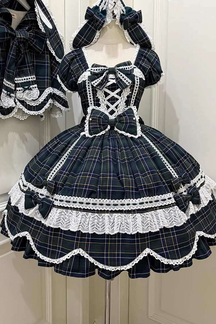 Green Gingham Petal Bunny Short Sleeves Printed Ruffled Bow Sweet Lolita OP Dress