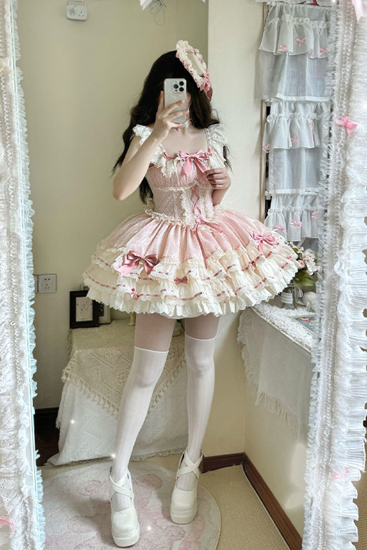Pink Flory Butterfly Double-Layered Ruffle Bowknot Lace Lace-Up Sweet Ballet Lolita Jsk Dress