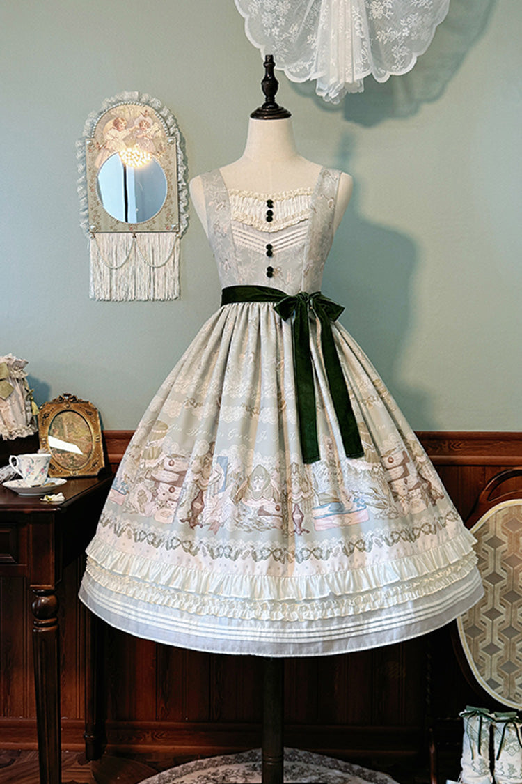 Iris Study V Collar Sleeveless Print Bowknot Lace Sweet Lolita Jumper Dress 2 Colors