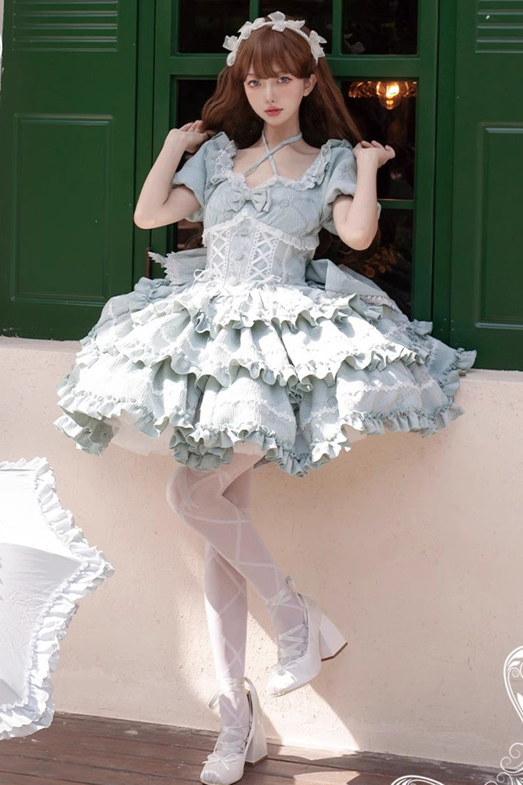 Mint Square Collar Short Sleeves Triple-Layered Ruffle Bowknot Sweet Lolita Dress