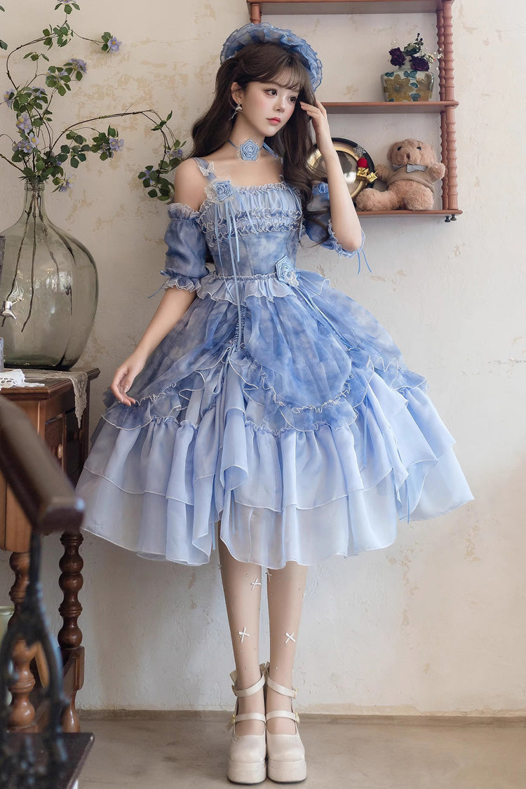 Goodnight Camellia Sleeveless Ombre Multi-Layered Printed Ruffled Lace Fishbone Sweet Lolita Jsk Dress 3 Colors
