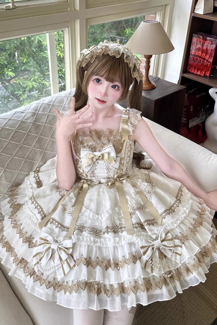 White Gilded Memories Sleeveless Double-Layered Ruffle Hot Stamping Bowknot Lace Sweet Lolita Jsk Dress