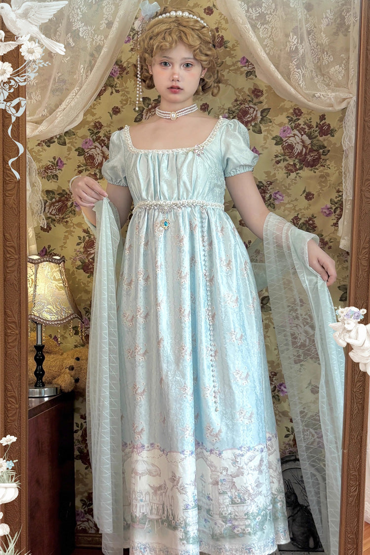 Green Spring of Nai Square Collar Short Sleeves Print Pearl Sweet Elegant Lolita Dress