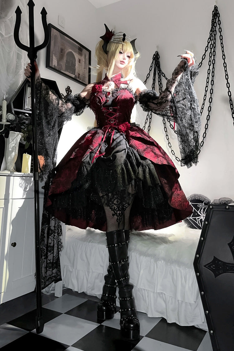Black/Red Weeping Rose Jacquard Print Ruffle Cardigan Bowknot Lace-Up Gothic Lolita Dress