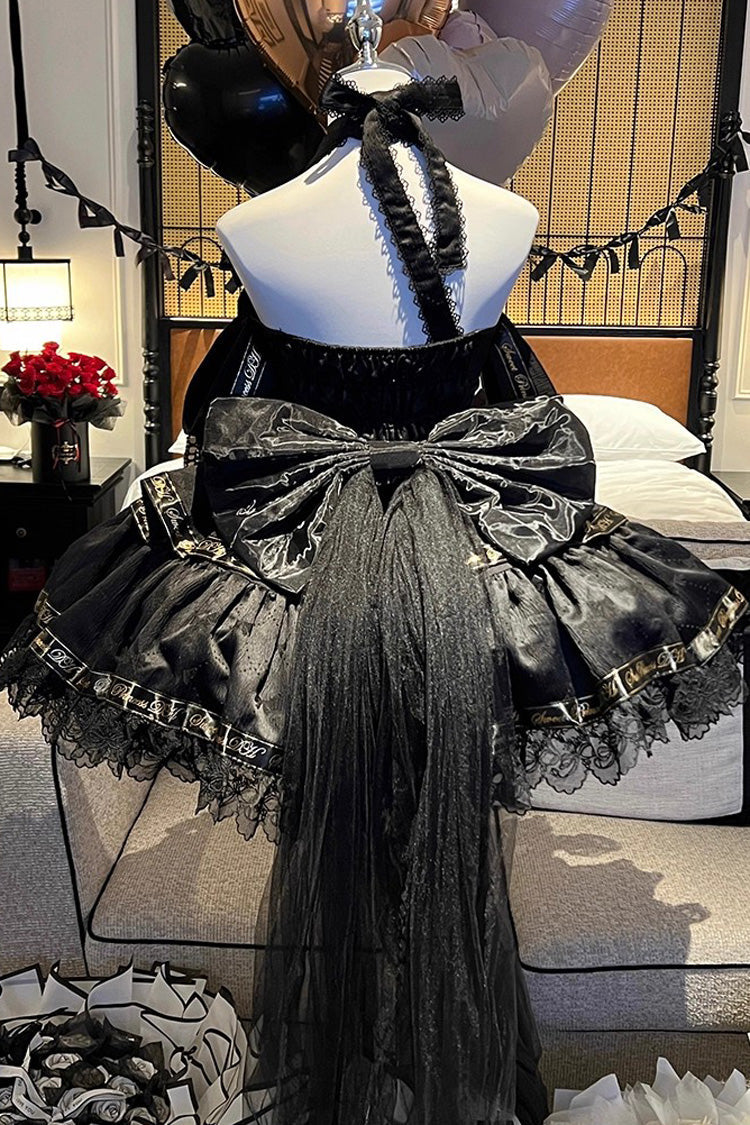 Black Young Lady Halterneck Sleeveless Multi-Layered Ruffle Bowknot Elegant Princess Gothic Lolita Dress
