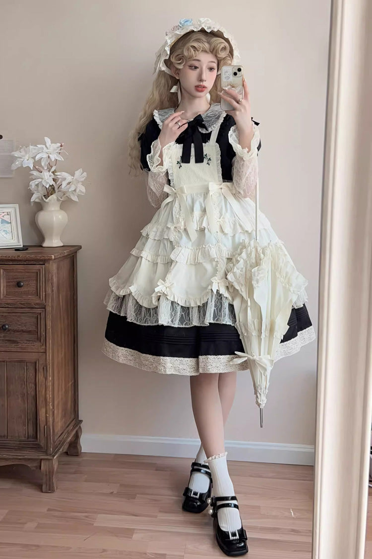 Black Mist over Flowers Along the Path Lapel Collar Long Sleeves Embroidery Bowknot Lace Sweet Lolita Dress