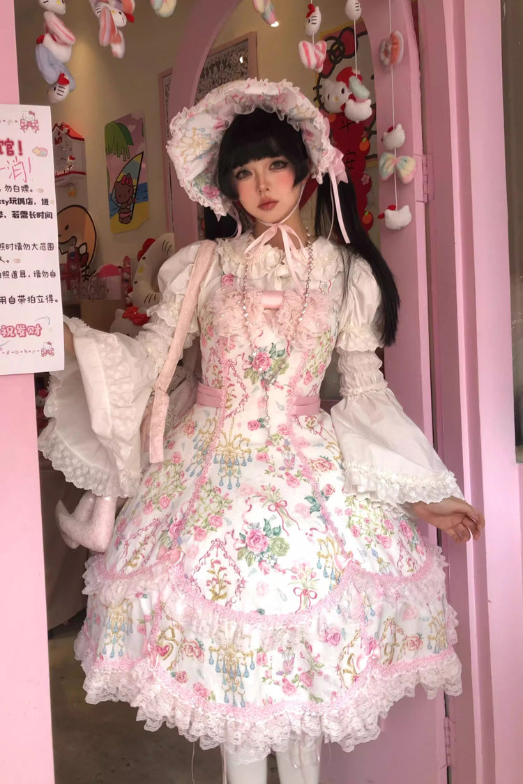 White/Pink Sleeveless Flower Wall Print Ruffle Bowknot Lace Sweet Lolita Jsk Dress