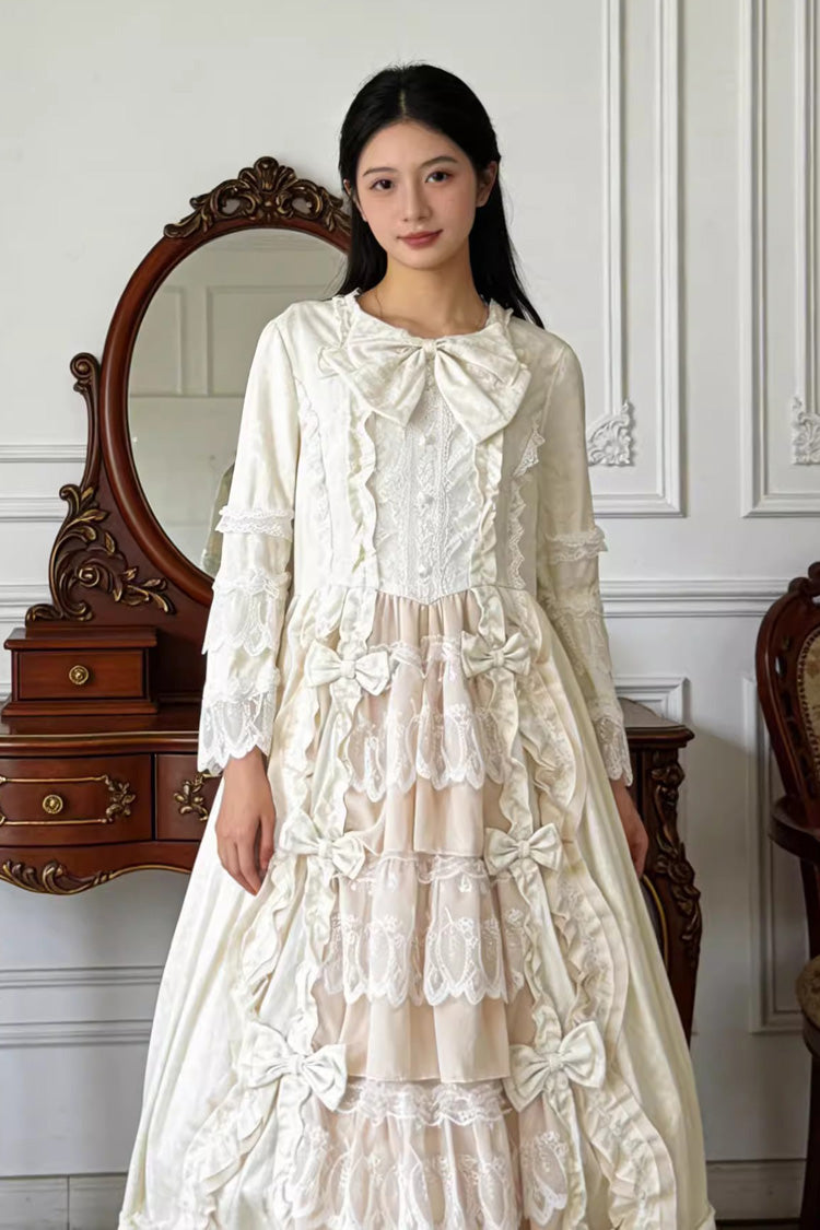 Sweet Plus Size Long Sleeves Triple-Layered Ruffled Open-Front Bow Lace Princess Lolita Victorian Dress