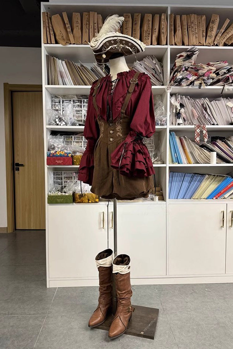 Wine Red Pirate Series Navigation Treasure Hunting Guide V Collar Long Hime Sleeves Ouji Lolita Blouse