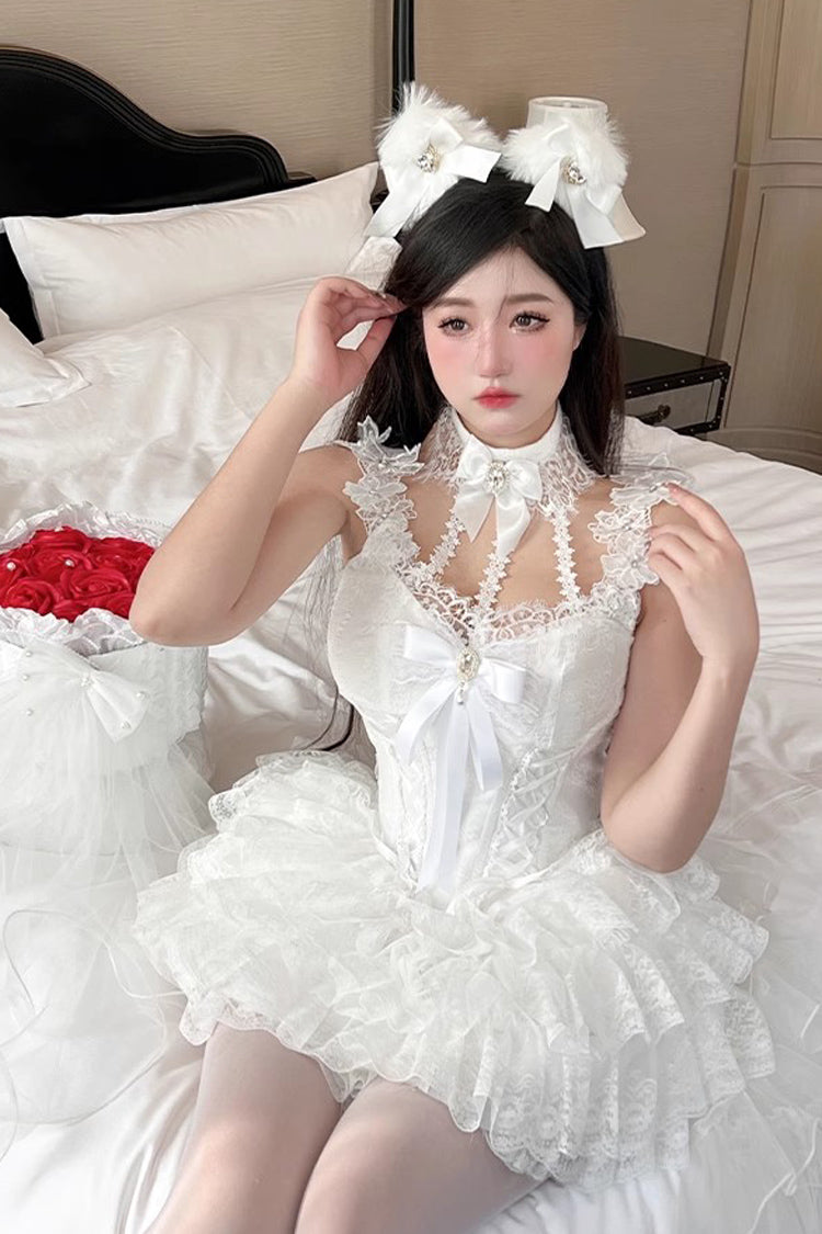 White Multi-layer Ruffle Hanayome Bowknot Lace Sweet Mini Lolita Skirt Dress