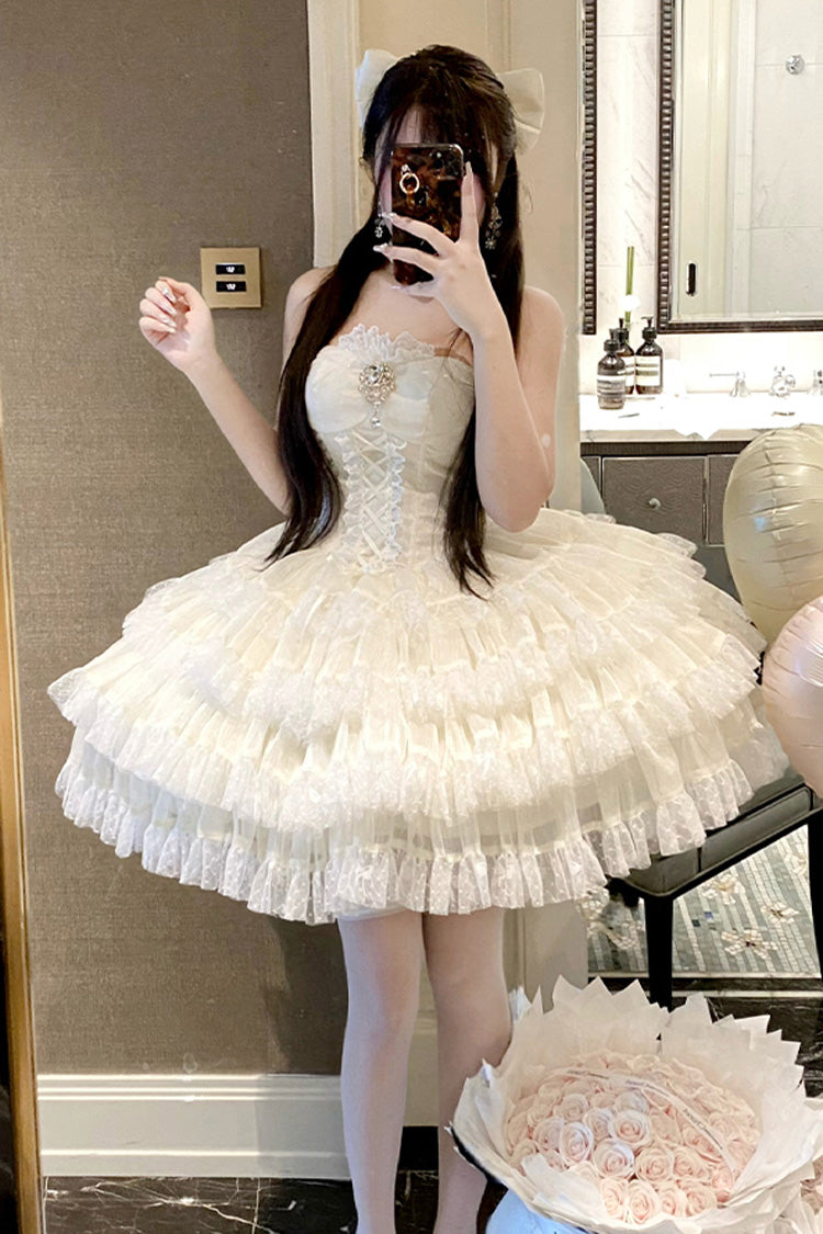 Beige Heartbeat at First Sight Off Shoulder Sleeveless Multi-Layered Ruffle Bowknot Lace Lace-Up Sweet Princess Gorgeous Lolita Dress
