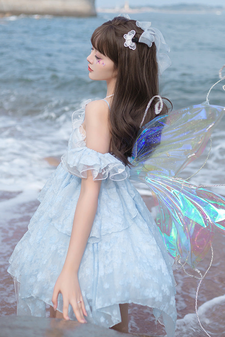 Blue Summer of Bubbles Sleeveless Ruffle Embroidery Lace Irregular Short Sweet Lolita Jsk Dress