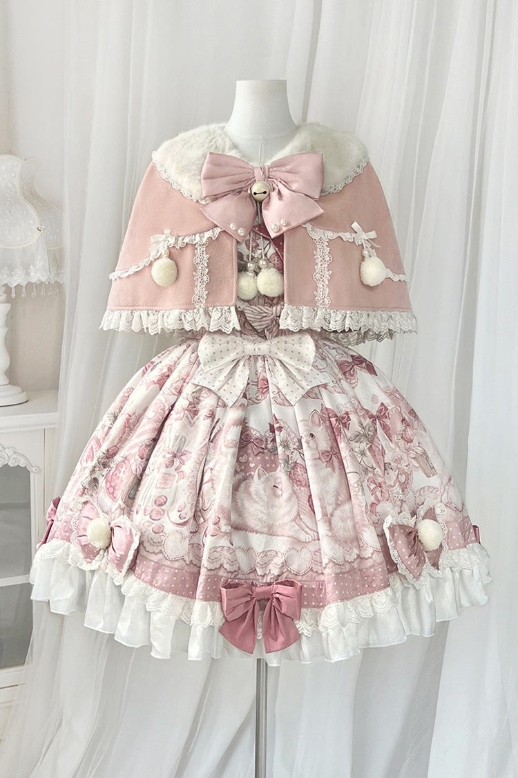 Pink Sweet Dessert Cat Print Ruffle Bowknot Lace Sweet Princess Lolita Dress Set