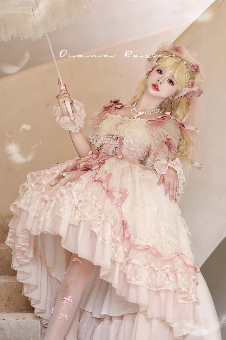 Pink Diane Rose Short Sleeves Multi-Layered Jacquard Ruffle Hanayome Cardigan Bowknot Lace Sweet Lolita Dress