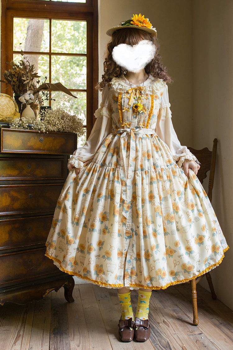 Apricot Gardening Sunflower Sleeveless Print Ruffle Bowknot Sweet Elegant Lolita Jsk Dress