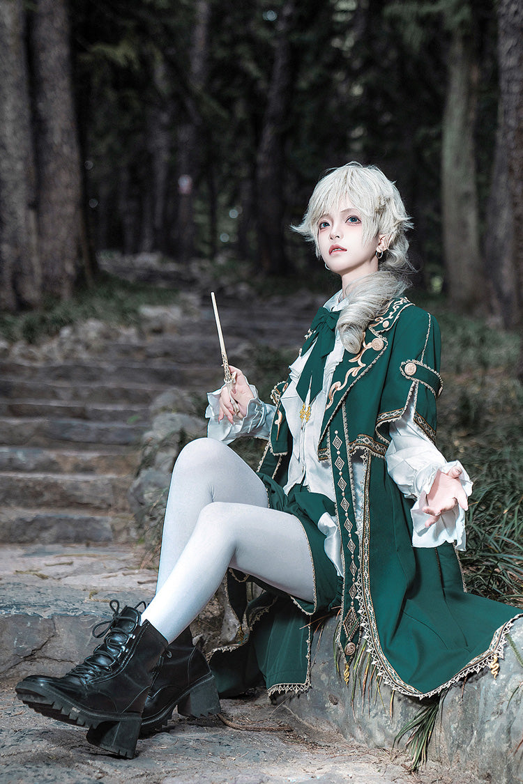 Green Theocratic Messenger Embroidery Classic Military Gorgeous Handsome Ouji Lolita Coat Blouse Shorts Set