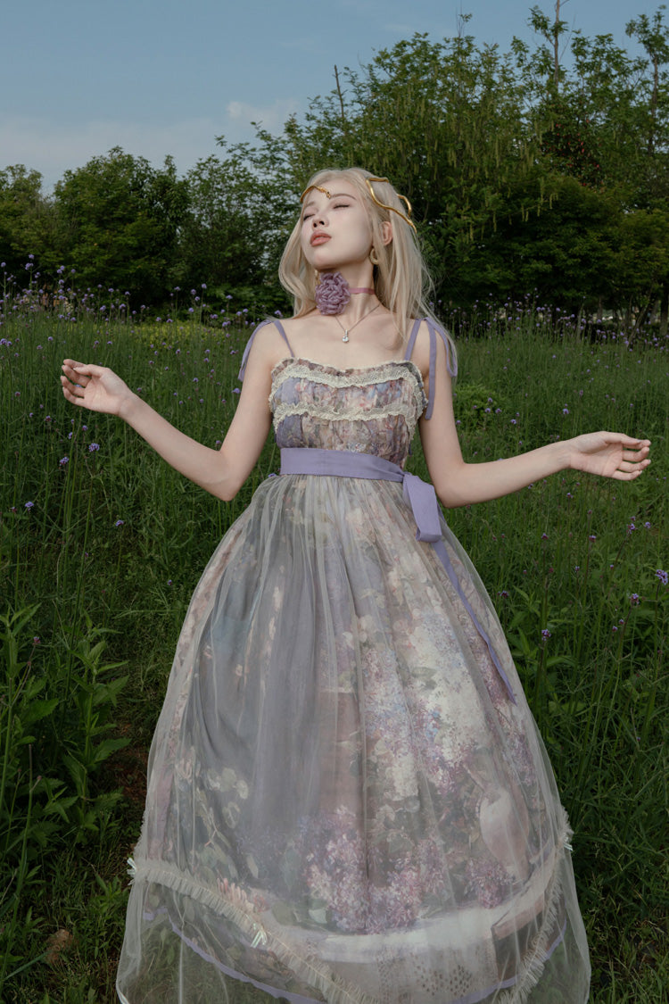 Purple Oil Painting – In the Shade of Blossoming Trees Sleeveless Print Ruffle Bowknot Lace Sweet Lolita Jsk Dress