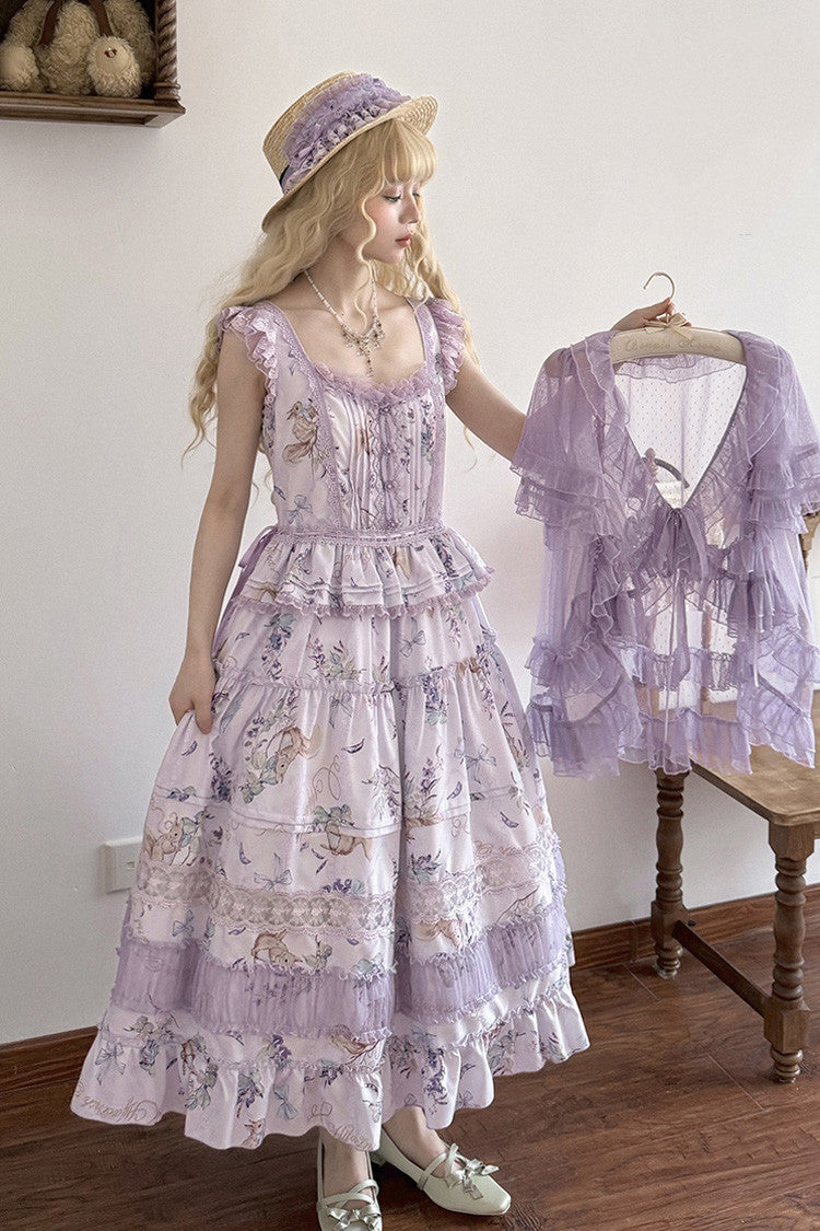 Purple Pea Squirrel Sleeveless Multi-Layered Pastoral Print Ruffle Embroidery Lace Sweet Elegant Lolita Jsk Dress