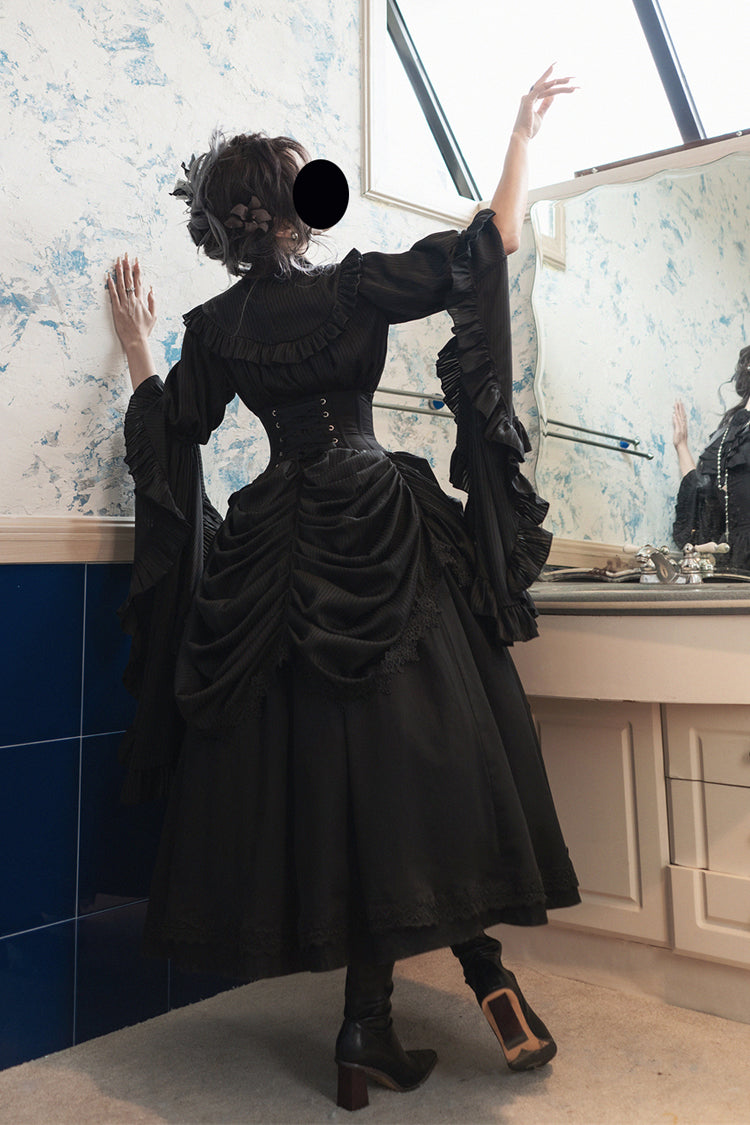 Black Sleepwalking Long Hime Sleeves Stitching Lace Plus Size Gothic Elegant Lolita Skirt Set