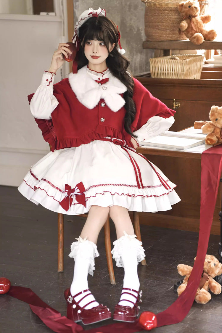 Red/White Red Vow Stand Collar Long Sleeves Multi-Layered Ruffled Bow Sweet Lolita Dress