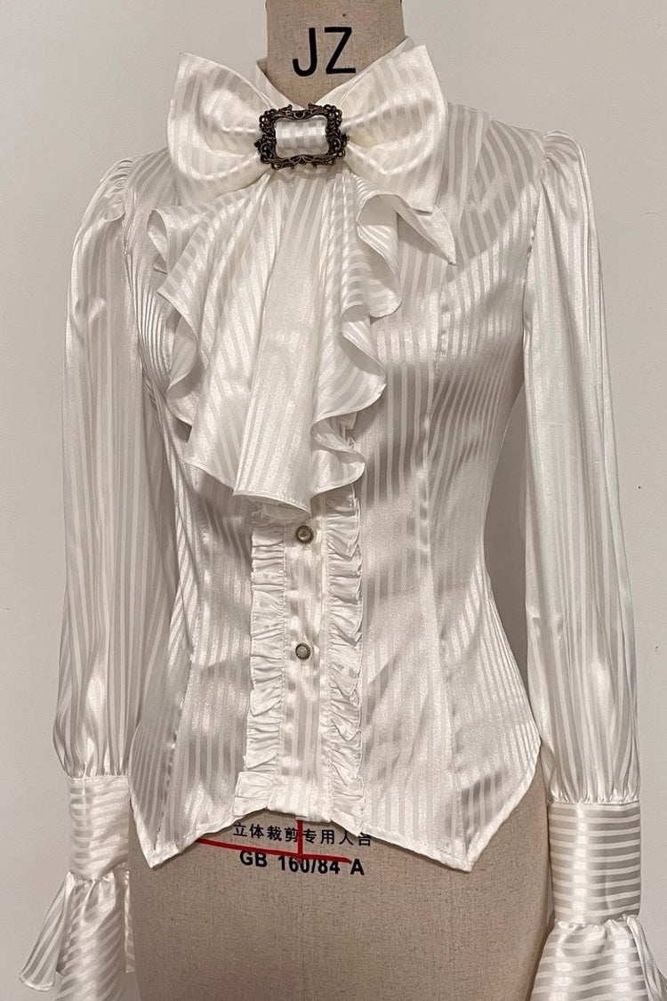 Moonstone Lapel Collar Long Sleeves Vertical Striped Print Ruffle Ouji Gothic Prince Lolita Blouse 3 Colors