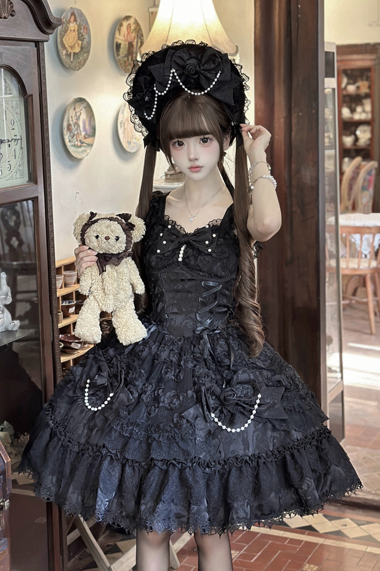 Black Rose Princess Sleeveless Ruffle Bowknot Lace Lace-Up Gothic Ballet Lolita Jsk Dress
