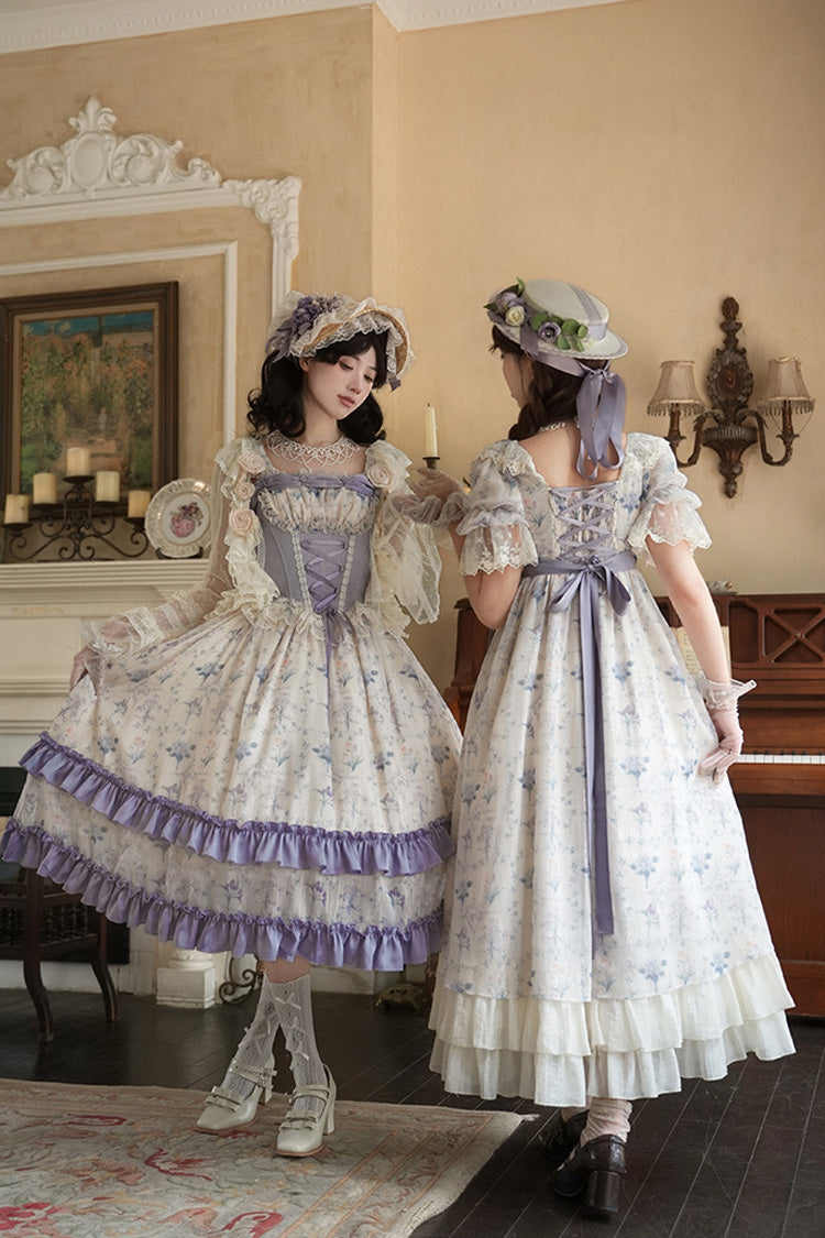 Purple/Ivory Iris Secrets Short Sleeves Double-Layered Print Ruffle Bowknot Lace-Up Sweet Lolita Dress