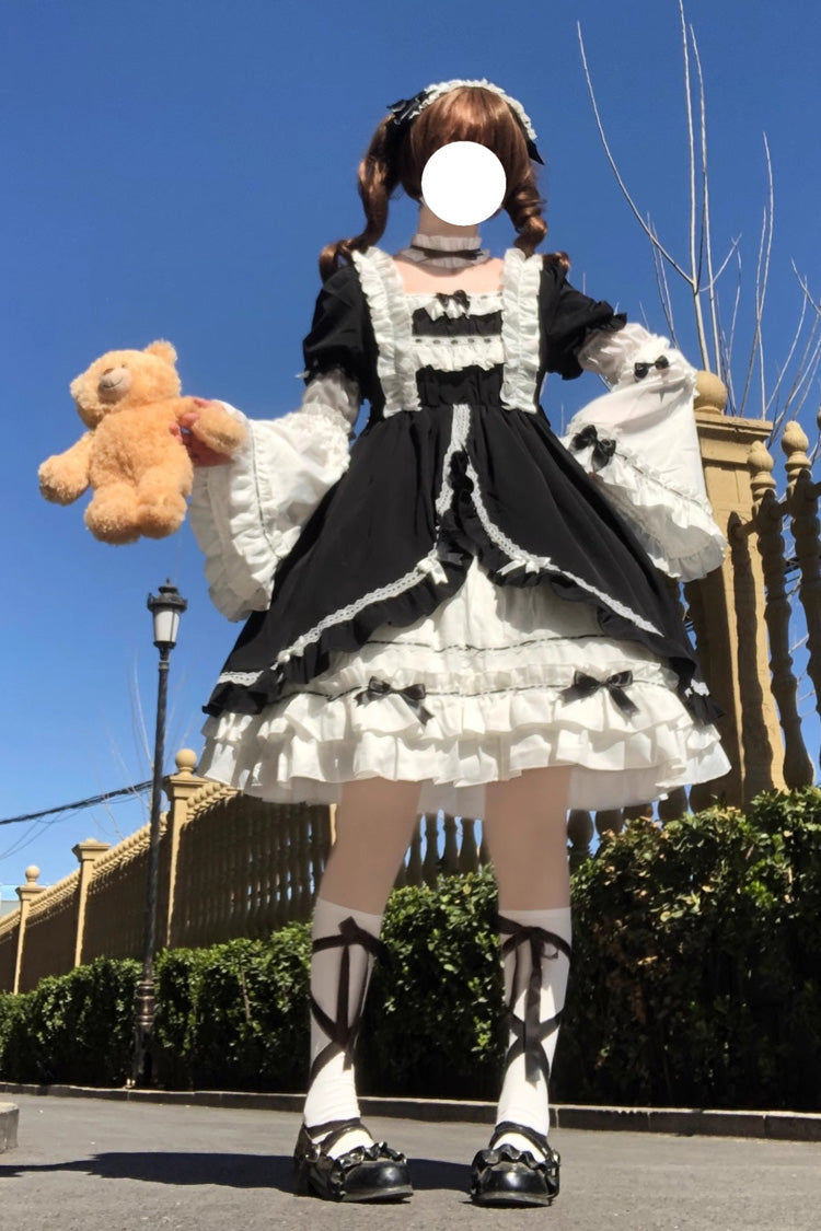 White/Black Long Hime Sleeves Ruffle Cardigan Bowknot Gothic Lolita Dress