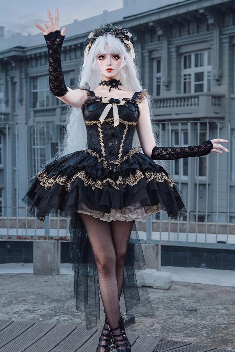 Black Fleeting Light and Shallow Dream Sleeveless Multi-Layered Ruffle Bowknot Lace Slim Gothic Ballet Lolita Jsk Dress