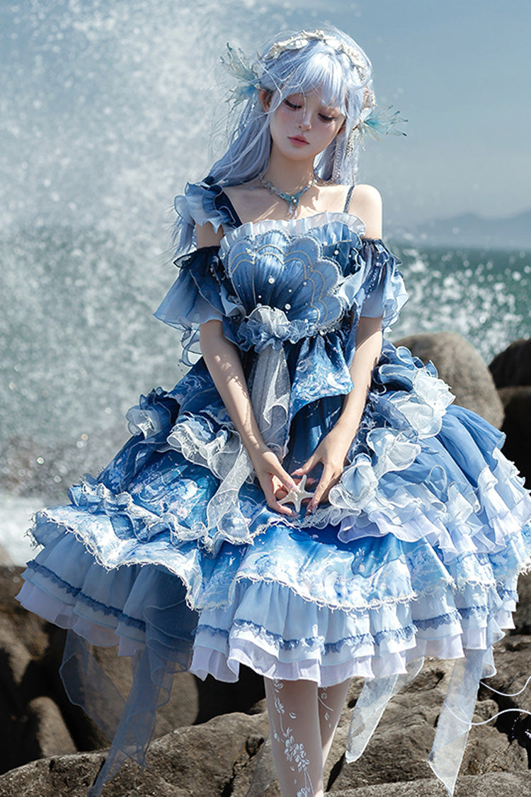 Blue Jellyfish Gradient Print Ruffle Embroidery Bowknot Lace Asymmetric Sweet Elegant Lolita Jsk Dress