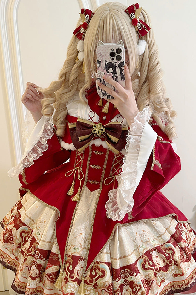Red New Year Print Ruffle Bowknot Lace-Up Sweet Chinese Style Lolita Jsk Dress