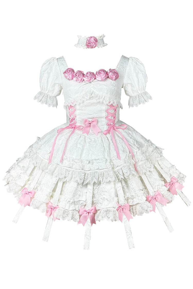 White/Pink Puff Short Sleeves Princess Gothic Lolita Tiered Dress