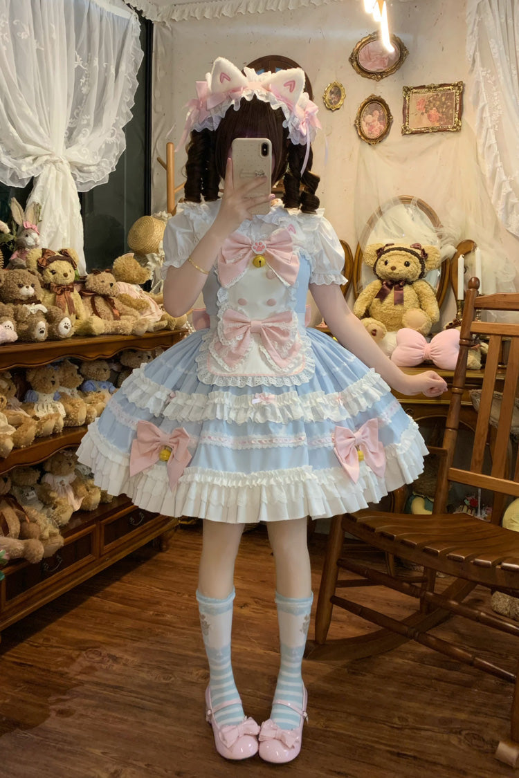 Blue Meowling Sweet Maid Sleeveless Multi-Layered Ruffle Bowknot Lace Sweet Princess Lolita Jsk Dress