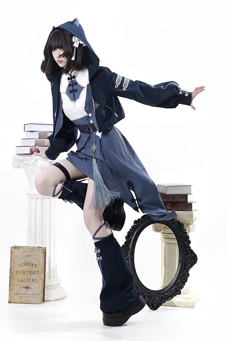 Blue Indigo Shadow Journey Stand Collar Long Sleeves Embroidered Hooded Asymmetric Punk Ouji Lolita Dress Four-Piece Set