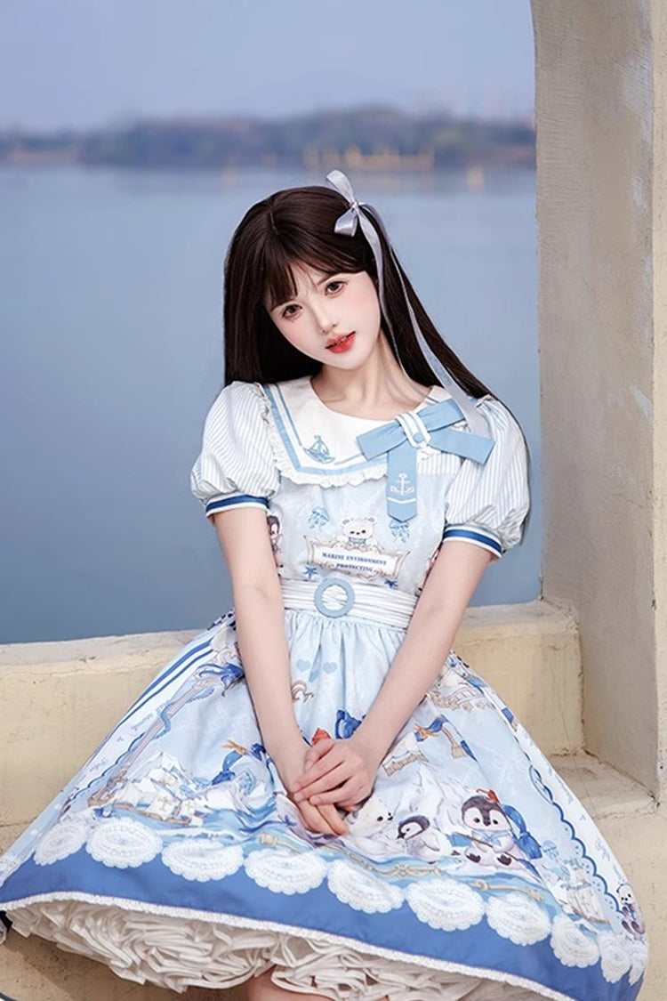 Blue Penguin Navy Short Sleeves Print Ruffle Bowknot Sweet Princess Lolita Dress