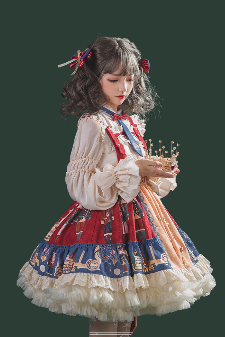 Red/Blue Clara Collection Nutcracker Print Ruffle Hemline Sweet Lolita Strap Dress