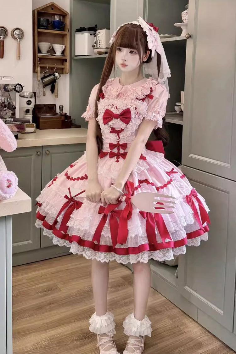 Red/Pink Scarlet Heart Cocoa Sleeveless Triple-Layered Ruffle Embroidery Bowknot Lace Sweet Lolita Jsk Dress